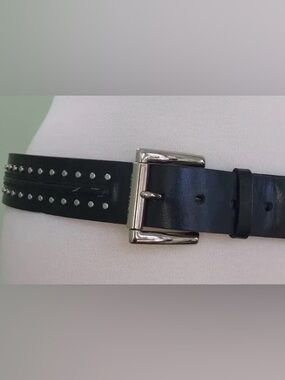 Michael Kors Black Leather Studded Belt with Silver Buckle